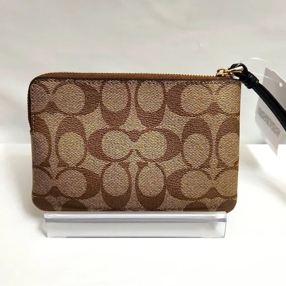 Coach Signature PVC Leather Zipper Khaki Black Small Wristlet